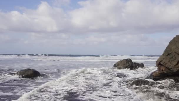 マデイラ ポルトガル 2023 その波の卓越性で知られているプライアダマイアタビーチを打つ美しい波 マデイラの北東海岸でサーファーのお気に入りのスポットの一つです — ストック動画