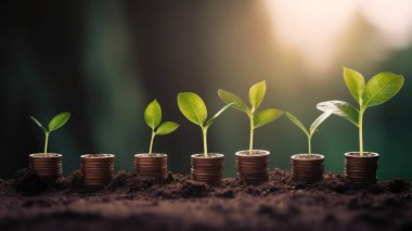 Bir sıra bozuk para ve içinden bitki çıkan bir yığın. Tasarruf paraları üzerinde ağaç yaprağı, iş finansmanı tasarruf bankacılık yatırımı