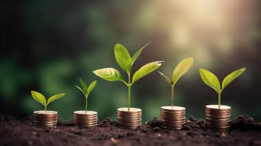 Bir sıra bozuk para ve içinden bitki çıkan bir yığın. Tasarruf paraları üzerinde ağaç yaprağı, iş finansmanı tasarruf bankacılık yatırımı