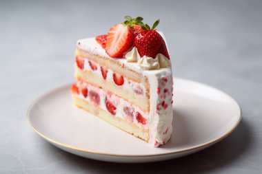 Açık beyaz ve açık bej yapay zeka tarzında çilekli bir dilim çilekli pasta.