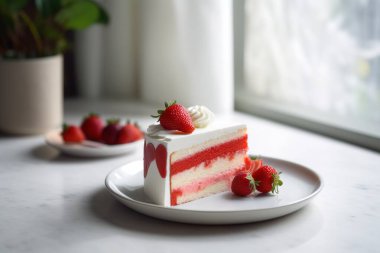 Açık beyaz ve açık bej yapay zeka tarzında çilekli bir dilim çilekli pasta.
