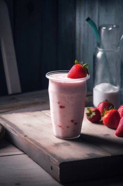 Çilekli süt tozu ahşap bir kalas üzerinde, lofi-kurgu estetik yapay zekası tarzında.