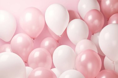 soluk pembe ve beyaz bir arka planda yüzen pembe ve beyaz balonlar.
