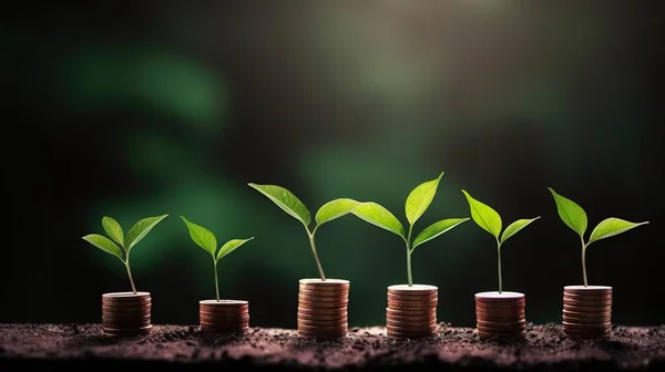 a row of stacks of coins with a plant growing out of them. Tree leaf on save money coins, Business finance saving banking investment