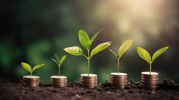 stock image a row of stacks of coins with a plant growing out of them. Tree leaf on save money coins, Business finance saving banking investment