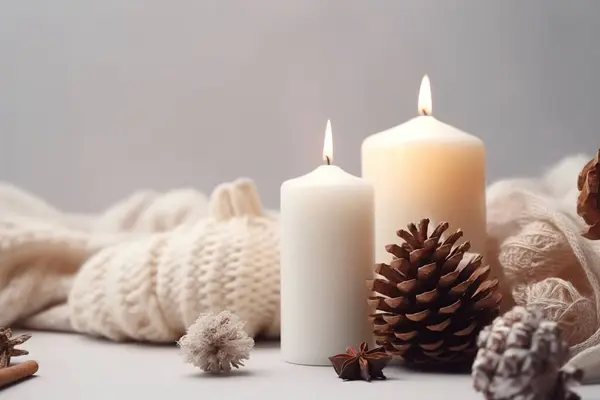 Photo Winter Composition Lighted Candles White Knitted Sweater Pine Cones — Stock Photo, Image