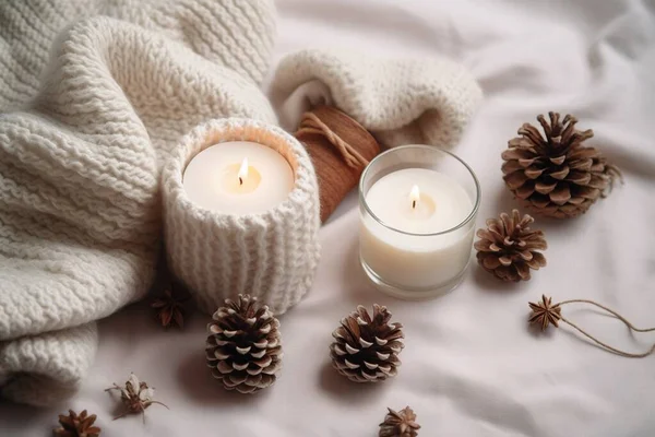 Photo Winter Composition Lighted Candles White Knitted Sweater Pine Cones — Stock Photo, Image