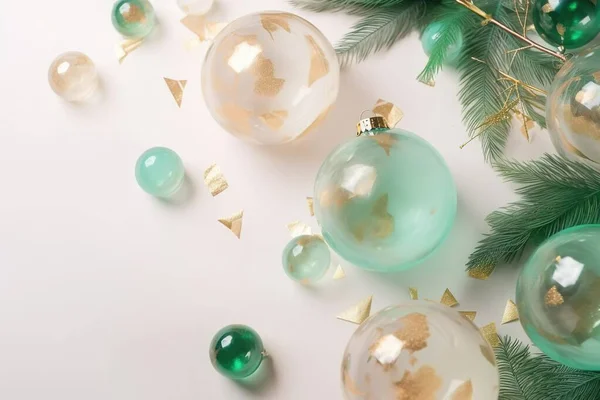 stock image Christmas decorations concept. Top view photo of pine branches in the snow with gold-green transparent baubles star ornaments