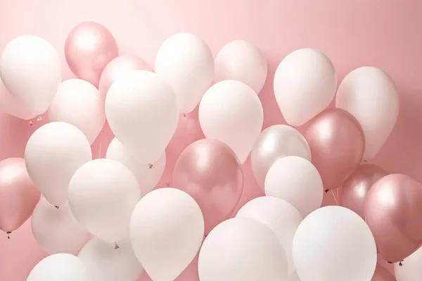 pink and white balloons floating above a pale pink and white background AI
