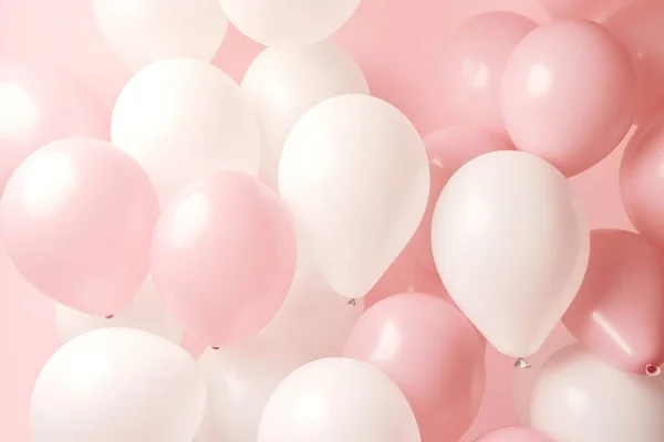 pink and white balloons floating above a pale pink and white background AI