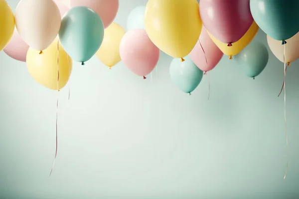 colorful balloons hanging on pastel background, in the style of subtle pastel hues, light pink and yellow AI