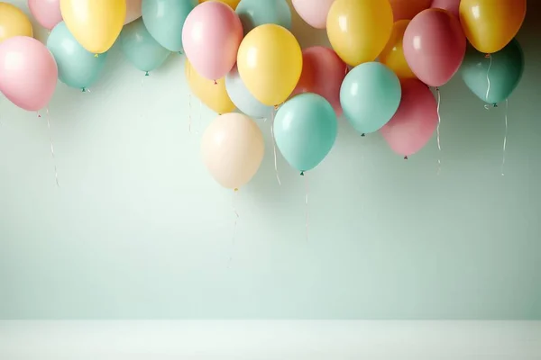 colorful balloons hanging on pastel background, in the style of subtle pastel hues, light pink and yellow AI