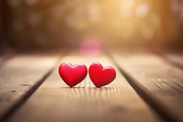 Zwei Rote Herzen Auf Einer Holzoberfläche Stil Einer Unbeschwerten Rosa — Stockfoto