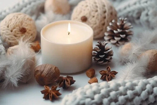 冬季构图的照片点亮了蜡烛 白色针织毛衣松果和茴香在苍白的背景Ai 图库图片