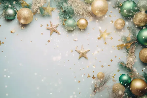 圣诞装饰的概念 雪地上松树枝头的头像 上面镶嵌着金绿色透明的灌木和星形装饰品 图库照片