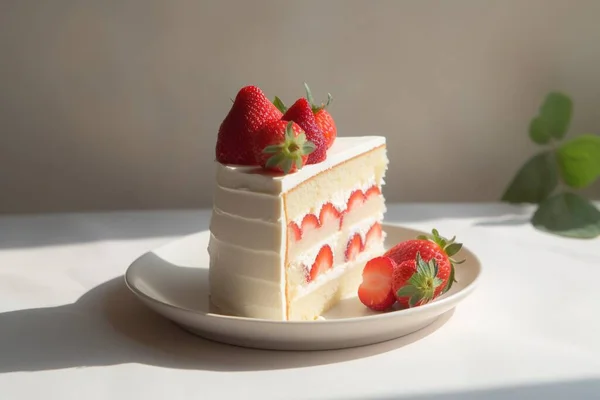 一片草莓蛋糕 顶部有草莓 风格为浅白色和浅褐色的Ai 免版税图库照片