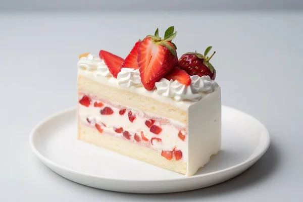 一片草莓蛋糕 顶部有草莓 风格为浅白色和浅褐色的Ai 免版税图库图片