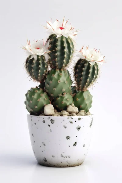 Cactus Décoratif Pot Avec Fleur Sur Fond Blanc — Photo