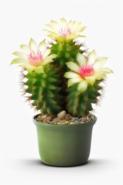 Dekorativer Topfkaktus Mit Blume Auf Weißem Hintergrund — Stockfoto