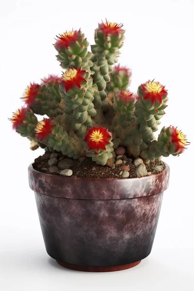 Okrasné Kaktus Květináčích Květinou Bílém Pozadí — Stock fotografie