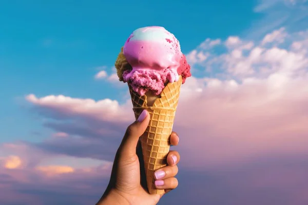 Güneşli gökyüzünde elinde pembe bir dondurma külahı tutan bir kişi, gür renklerde, göz alıcı bir kompozisyonda.