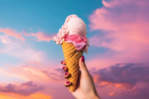 stock image a person holding up a pink ice cream cone in the sunny sky, in the style of lush colors, eye-catching composition