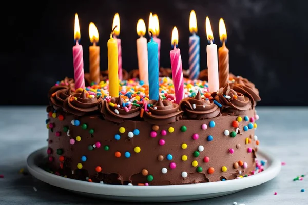 Çikolatalı doğum günü pastası açık gri ve koyu kahverengi yapay zeka tarzında renkli serpintiler ve mumlar içerir.