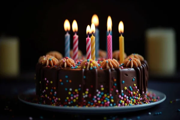 チョコレートの誕生日ケーキは ライトグレーとダークブラウンのAiのスタイルで カラフルなスプリンクルとキャンドルを持っています — ストック写真