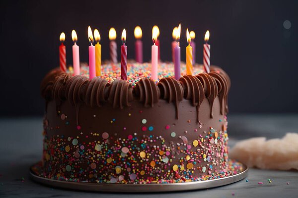 шоколадный торт день рождения имеет красочные брызги и свечи, в стиле светло-серый и темно-коричневый ИИ