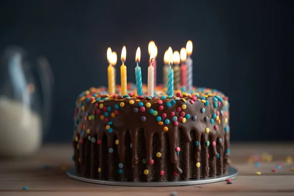 巧克力生日蛋糕有五颜六色的洒水和蜡烛 风格为浅灰色和深褐色 图库照片