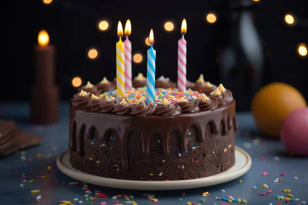 巧克力生日蛋糕有五颜六色的洒水和蜡烛 风格为浅灰色和深褐色 图库照片