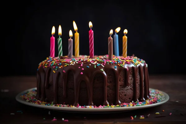 巧克力生日蛋糕有五颜六色的洒水和蜡烛 风格为浅灰色和深褐色人工智能 免版税图库图片