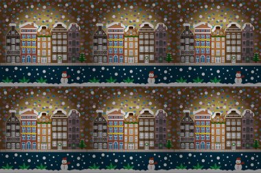 Raster illüstrasyonu. Tebrik kartı. Noel 'de köy, arka planda kar ve kar taneleri olan pankart.