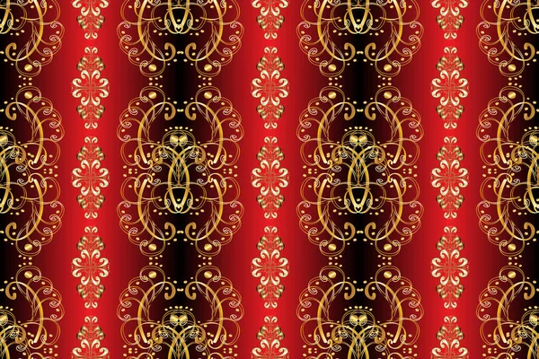 Small depth of field. Luxury furniture. Red, brown and yellow backdrop with gold trim. Seamless element woodcarving. Pattern on red, yellow colors with golden elements. Furniture in classic style.