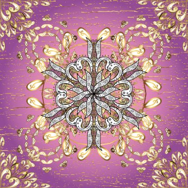 El yapımı dekoratif çerçeve, albüm kapağı, tebrik kartı, klasik Art deco tarzı. Altın karalama fantezi yapraklarından gelen soyut çiçek çelengi ve pembe, mor ve beyaz renkte çiçek..