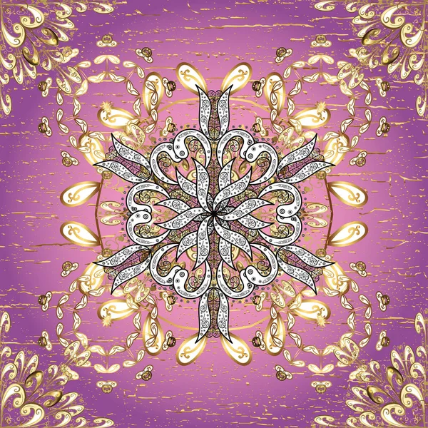 Hand drawn decorative frame, album cover, greeting card, vintage Art deco style. Abstract floral wreath from golden doodle fantasy leaves and flower on a pink, purple and white colors.