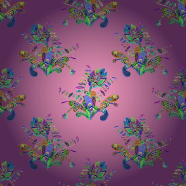 Vektör çizimi. Çiçekli karalama şeklinde vektör deseni. Mor, mor ve pembe renkte yaz çiçekleri..