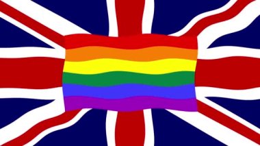 Renkli bayraklı hareketli arka plan görüntüleri. Büyük Britanya bayrağı. Birleşik Krallık. LGBT bayrağı. Gökkuşağı. 