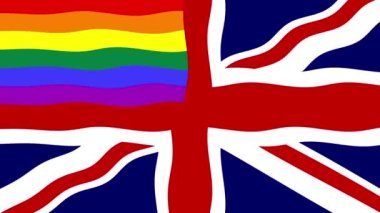 Renkli bayraklı hareketli arka plan görüntüleri. Büyük Britanya bayrağı. Birleşik Krallık. LGBT bayrağı. Gökkuşağı. 