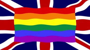 Renkli bayraklı hareketli arka plan görüntüleri. Büyük Britanya bayrağı. Birleşik Krallık. LGBT bayrağı. Gökkuşağı. 