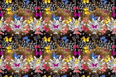 Renkli kelebeklerin kusursuz arka planı. Sanat kelebekleri kahverengi, beyaz ve siyah renklerde. Koleksiyon Defteri için Resim.