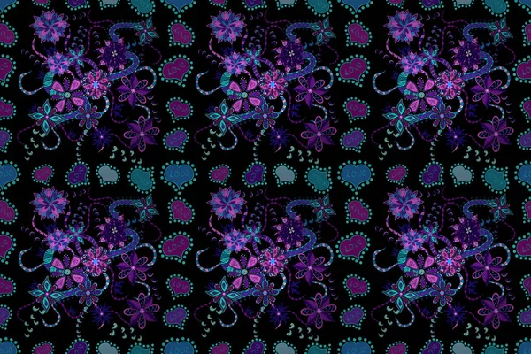Blumenmuster Nahtlos Auf Schwarzen Blauen Und Lila Farben Handgezeichnete Kamillen — Stockfoto