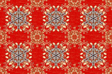 Hassas altın deseni açın. Kırmızı, beyaz, kahverengi ve altın elementli kusursuz desenler. Kusursuz altın desenli bukleler. Doğu tarzı arabesk. Parlak dantel, stilize çiçekler, şal desenli