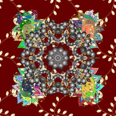 Duvar kağıdı, web sayfası için kullanılabilir. Şekillendirilmiş çiçeklerle kusursuz bir yaz deseni. Vektör süslemeli zentangılsız doku, kahverengi, gri ve kırmızı renkte soyut çiçek mandalaları deseni.