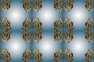 Barok tarzında altın çiçekli süs. Damask arkaplanı. Altın çiçekli, pürüzsüz desen. Tarafsız, mavi ve bej renklerdeki altın element.
