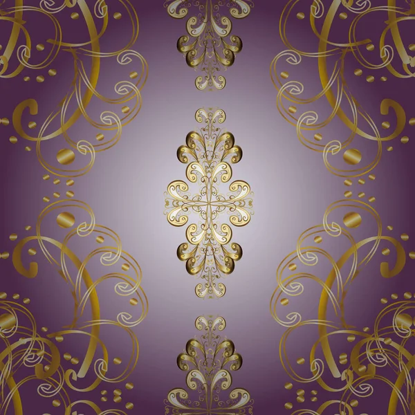 Vector Seamless Pattern Neutral Purple Yellow Colors Golden Elements Damask — Stock Vector