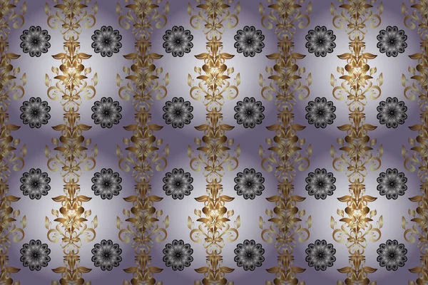 Seamless golden pattern. Raster golden floral ornament brocade textile and glass pattern. Gold metal with floral pattern. Neutral, gray and beige colors with golden elements.