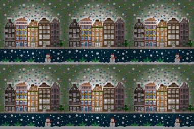 Raster illüstrasyonu. Tebrik kartı. Noel 'de köy, arka planda kar ve kar taneleri olan pankart.