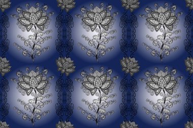 Raster illüstrasyonu. Beyaz, mavi ve siyah renklerde güzel çiçekli ve yapraklı kusursuz desen, suluboya çiçek deseni, duvar kağıdı, kart veya kumaş için fayanslı.