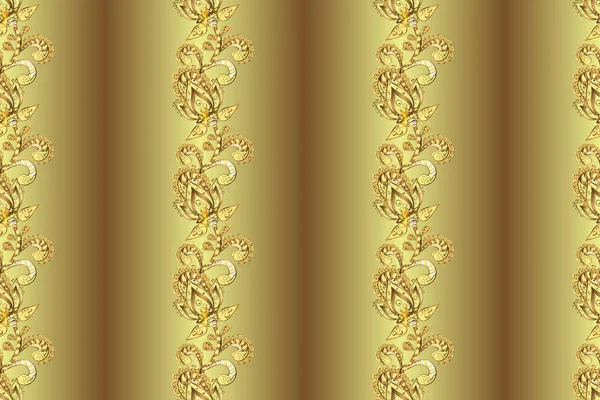 Seamless pattern on neutral, brown and yellow colors with golden elements. Traditional orient ornament. Classic vintage background. Seamless classic golden pattern.